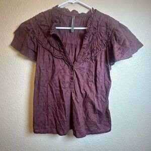 Anthropologie Embroidered Layered Flutter-Sleeve Henley Top Burgundy‎ Size Small